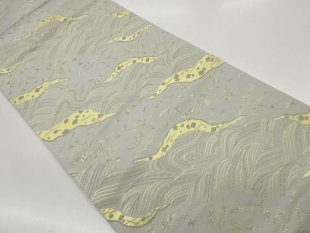 道長取に荒波・草葉・小鳥模様織出し袋帯